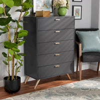 Commode Kelson moderne à 5 tiroirs en bois fini gris foncé et doré