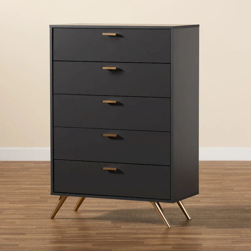 Commode Kelson moderne à 5 tiroirs en bois fini gris foncé et doré