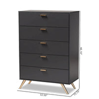Commode Kelson moderne à 5 tiroirs en bois fini gris foncé et doré