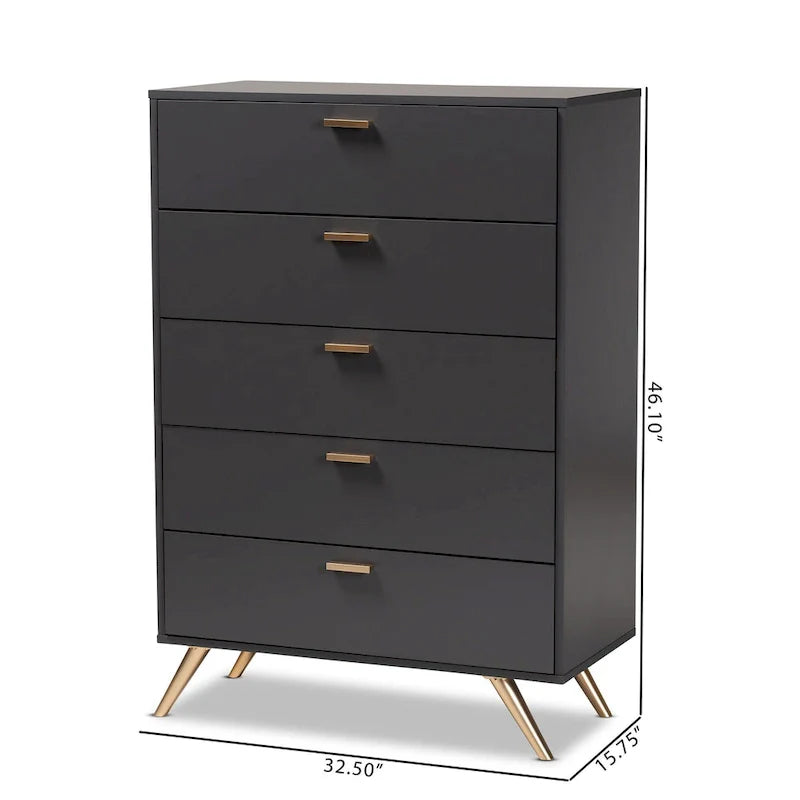 Commode Kelson moderne à 5 tiroirs en bois fini gris foncé et doré
