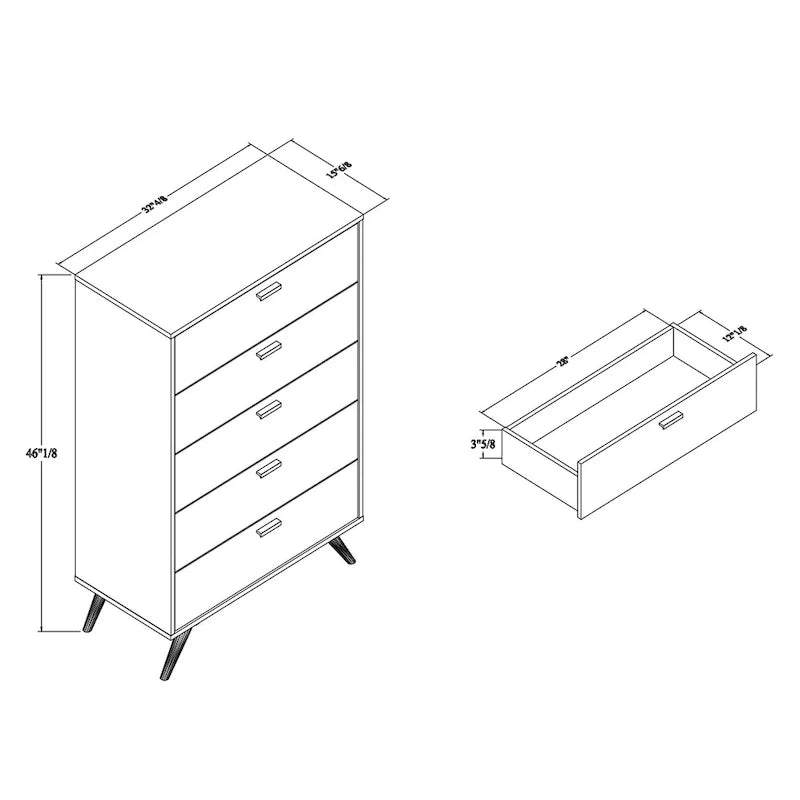 Commode Kelson moderne à 5 tiroirs en bois fini gris foncé et doré