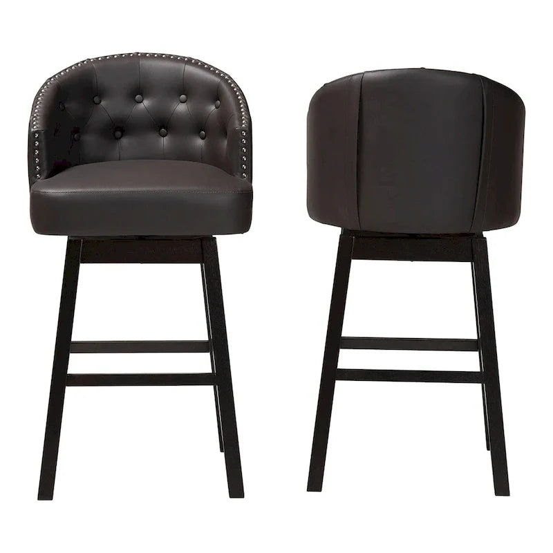 Tabouret de bar pivotant capitonné en simili-cuir brun moderne et contemporain Avril à clous décoratifs (lot de 2)