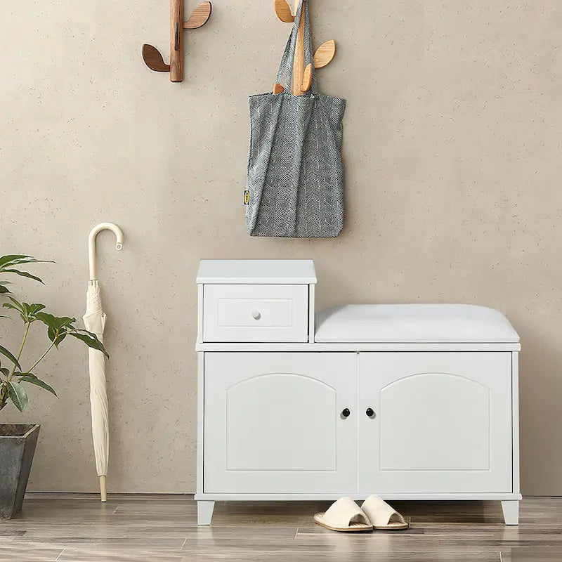 Banc de rangement à chaussures en bois avec tiroir, blanc