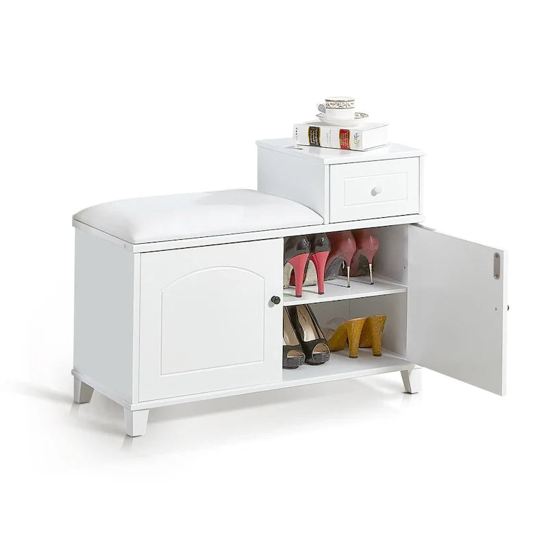 Banc de rangement à chaussures en bois avec tiroir, blanc