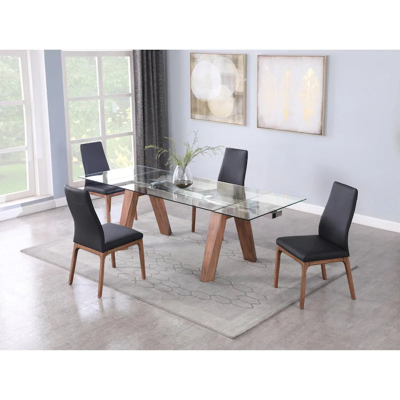 Table à manger moderne Somette avec plateau en verre extensible et pieds en bois massif