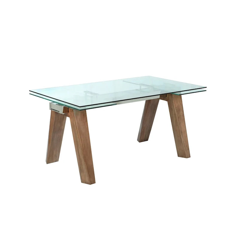 Table à manger moderne Somette avec plateau en verre extensible et pieds en bois massif
