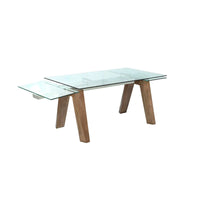 Table à manger moderne Somette avec plateau en verre extensible et pieds en bois massif
