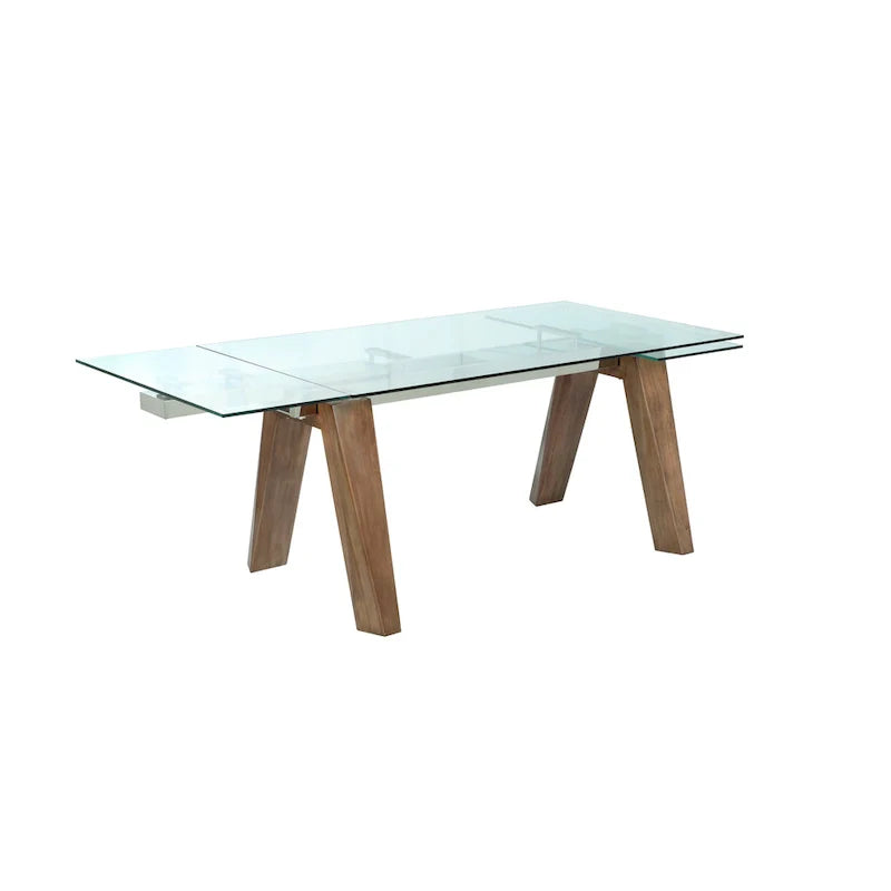 Table à manger moderne Somette avec plateau en verre extensible et pieds en bois massif