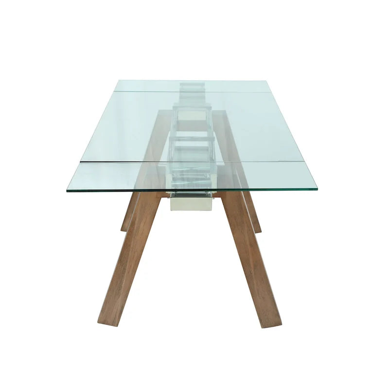 Table à manger moderne Somette avec plateau en verre extensible et pieds en bois massif