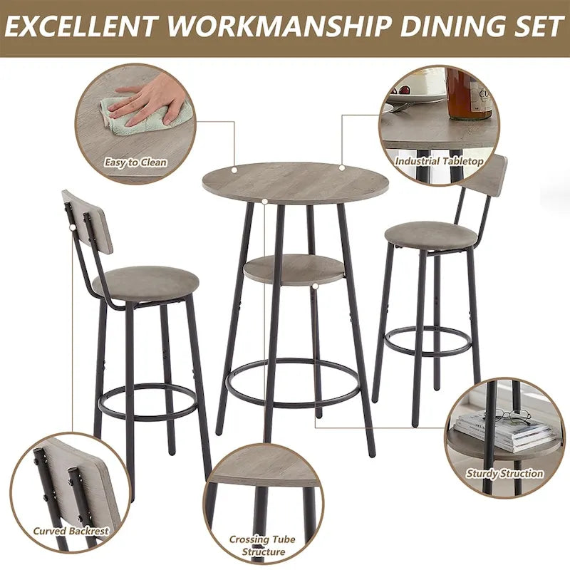 Ensemble de salle à manger 3 pièces, table de bar bistrot ronde à 2 niveaux et chaise rembourrée