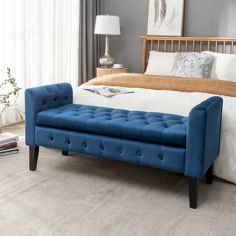 Banc de rangement en velours Porthos Home Brett avec pieds en bois d'hévéa