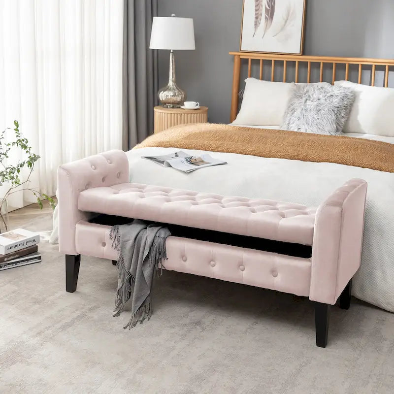 Banc de rangement en velours Porthos Home Brett avec pieds en bois d'hévéa