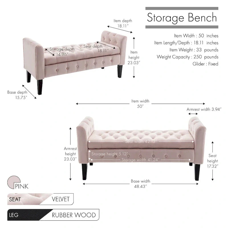 Banc de rangement en velours Porthos Home Brett avec pieds en bois d'hévéa