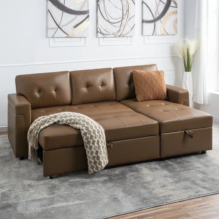 Canapé Sectionnel Réversible avec Lit Escamotable, Méridienne de Rangement Cachée, Pieds Durables