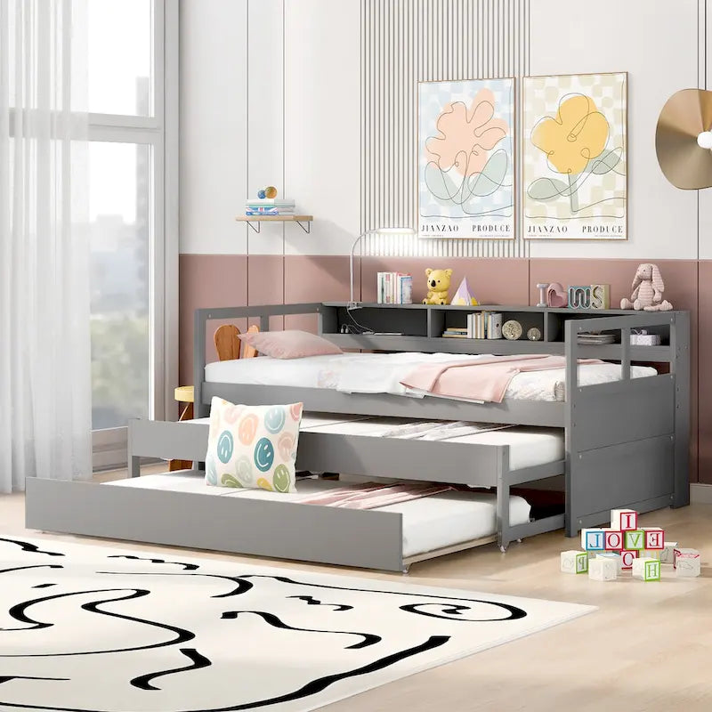 Lit de jour en bois Twin XL avec 2 lits gigognes et conception de recharge USB