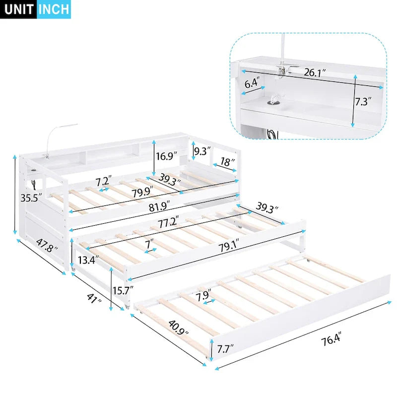 Lit de jour en bois Twin XL avec 2 lits gigognes et conception de recharge USB