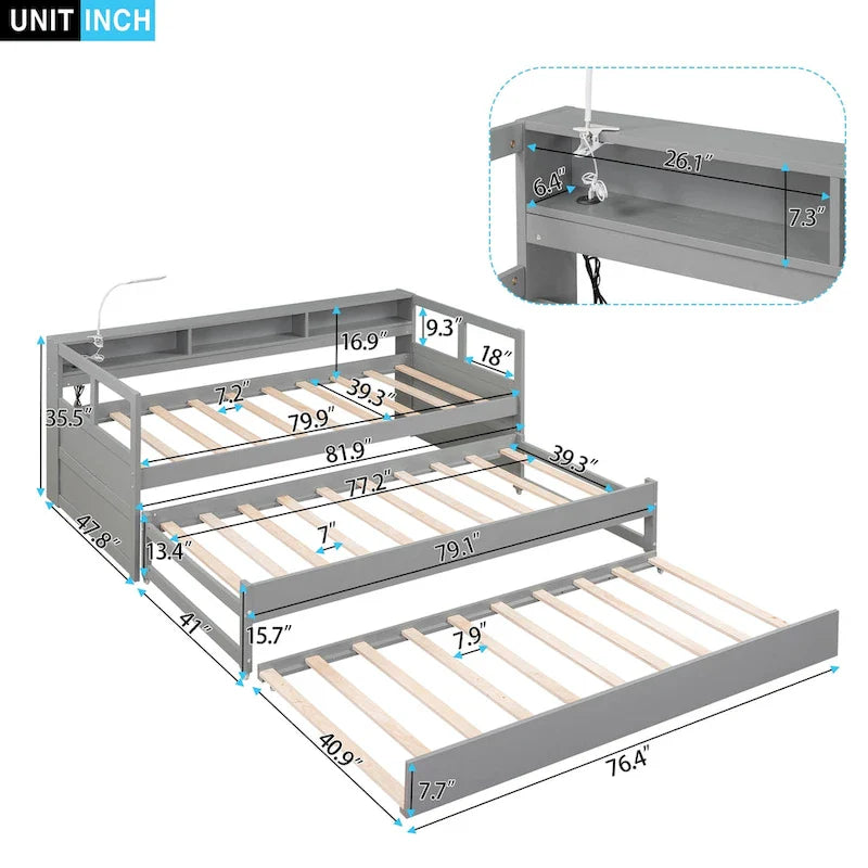 Lit de jour en bois Twin XL avec 2 lits gigognes et conception de recharge USB