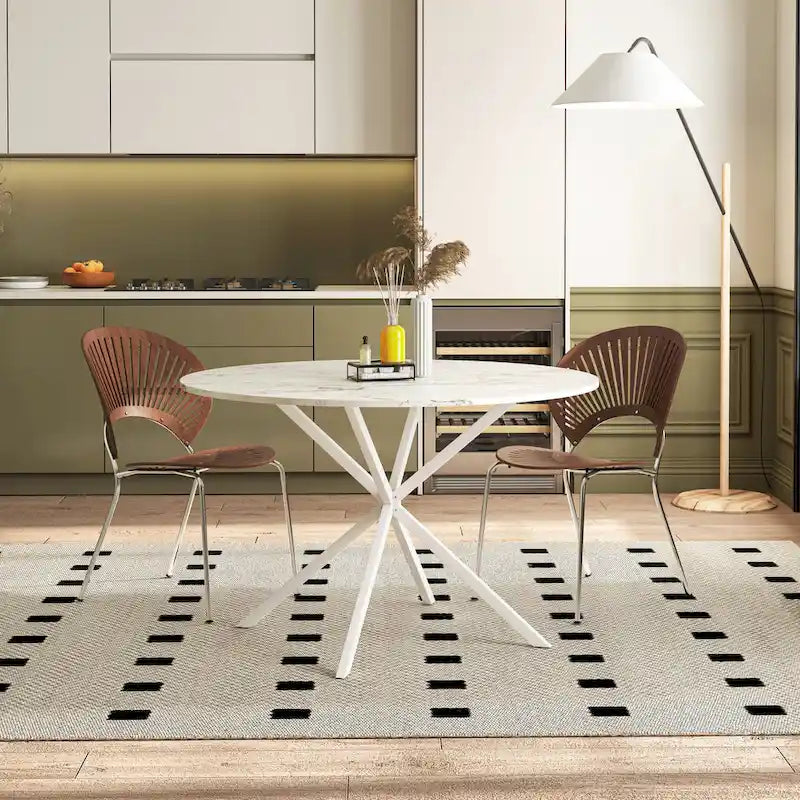 Table à manger ronde moderne à pieds croisés, plateau amovible en deux parties