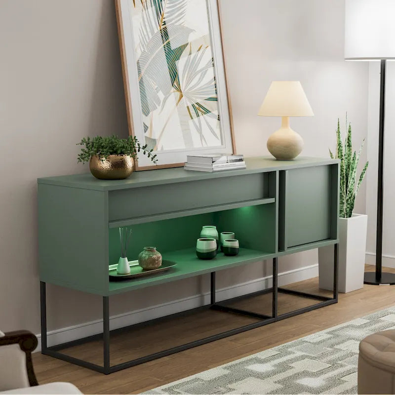 Meuble TV DH BASIC Modern 152 cm avec 16 couleurs de LED, un tiroir et des pieds en métal par Denhour