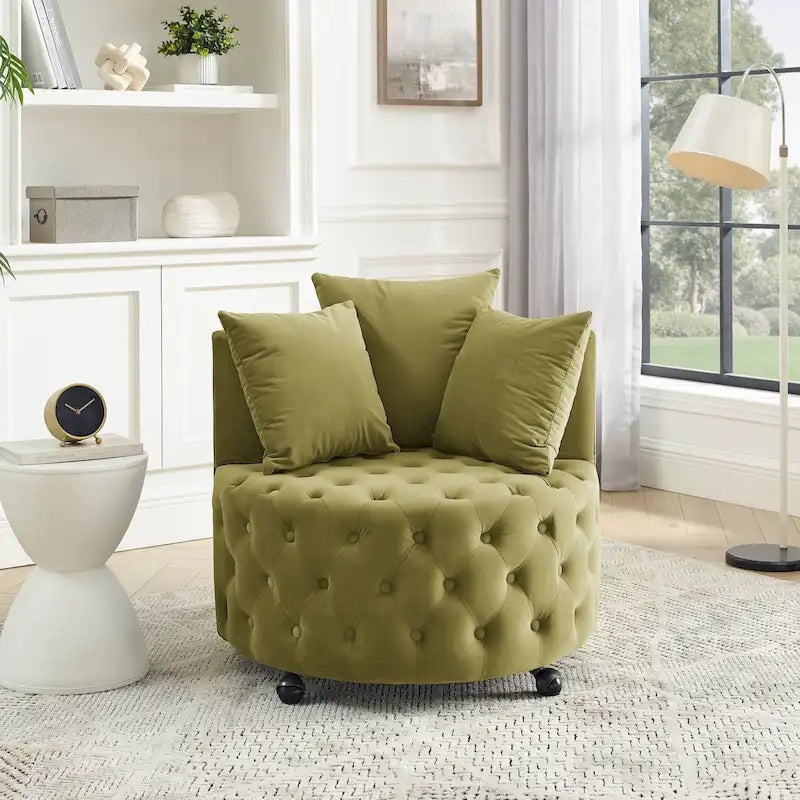 Fauteuil pivotant en velours pour salon avec capitonnage, 3 coussins et roulettes mobiles