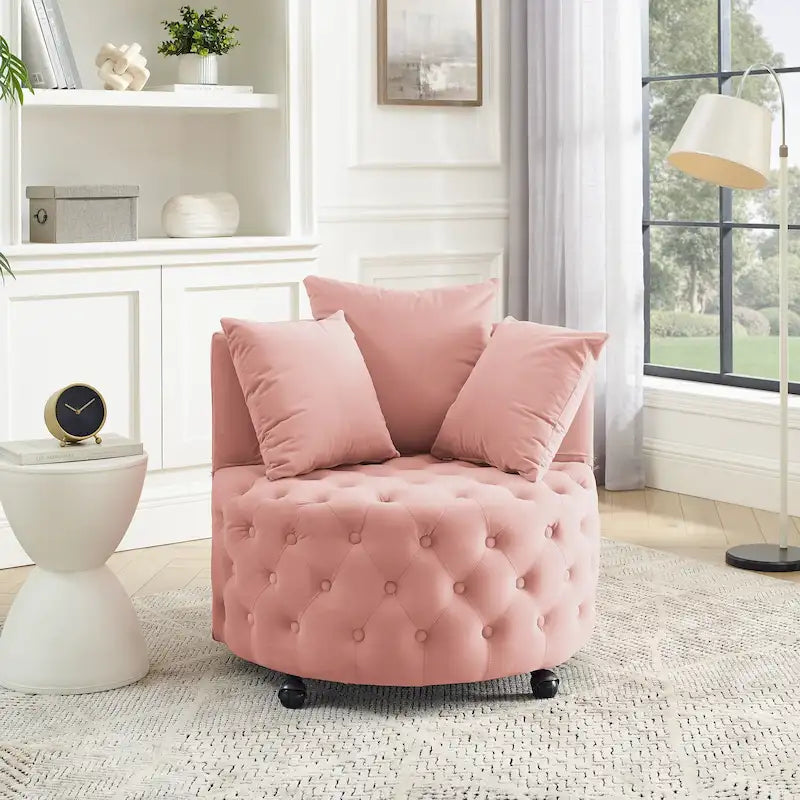 Fauteuil pivotant en velours pour salon avec capitonnage, 3 coussins et roulettes mobiles