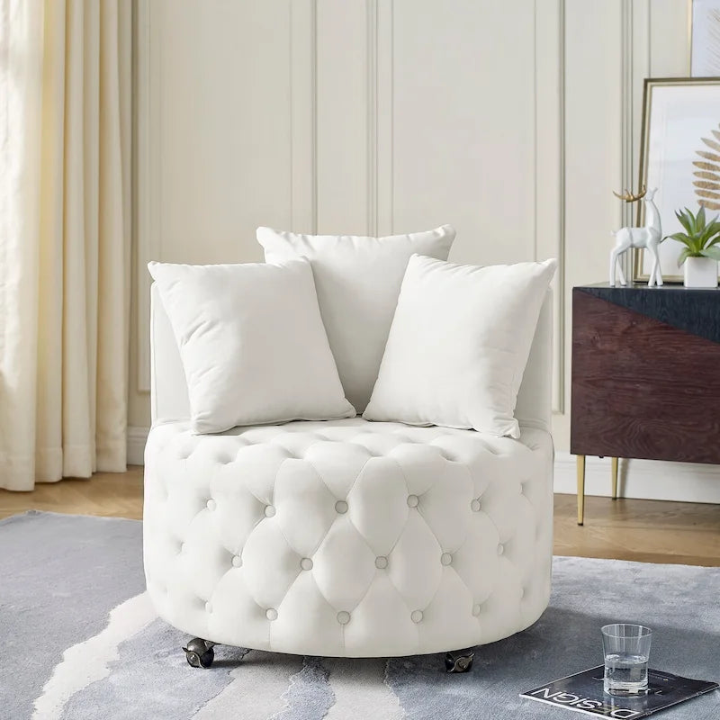 Fauteuil pivotant en velours pour salon avec capitonnage, 3 coussins et roulettes mobiles