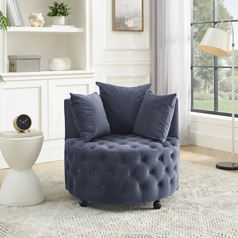 Fauteuil pivotant en velours pour salon avec capitonnage, 3 coussins et roulettes mobiles