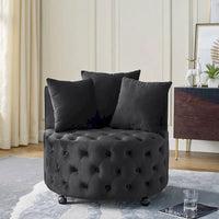 Fauteuil pivotant en velours pour salon avec capitonnage, 3 coussins et roulettes mobiles