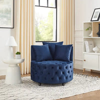 Fauteuil pivotant en velours pour salon avec capitonnage, 3 coussins et roulettes mobiles
