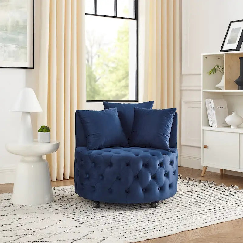 Fauteuil pivotant en velours pour salon avec capitonnage, 3 coussins et roulettes mobiles