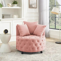 Fauteuil pivotant en velours pour salon avec capitonnage, 3 coussins et roulettes mobiles