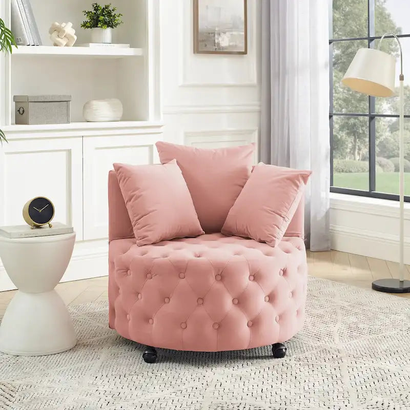 Fauteuil pivotant en velours pour salon avec capitonnage, 3 coussins et roulettes mobiles