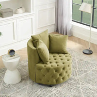 Fauteuil pivotant en velours pour salon avec capitonnage, 3 coussins et roulettes mobiles