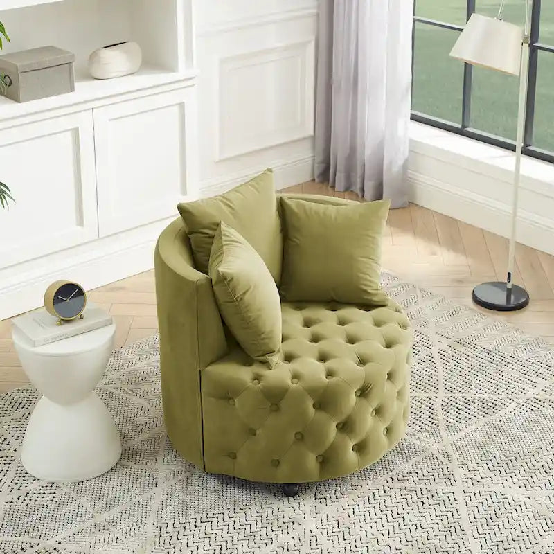 Fauteuil pivotant en velours pour salon avec capitonnage, 3 coussins et roulettes mobiles