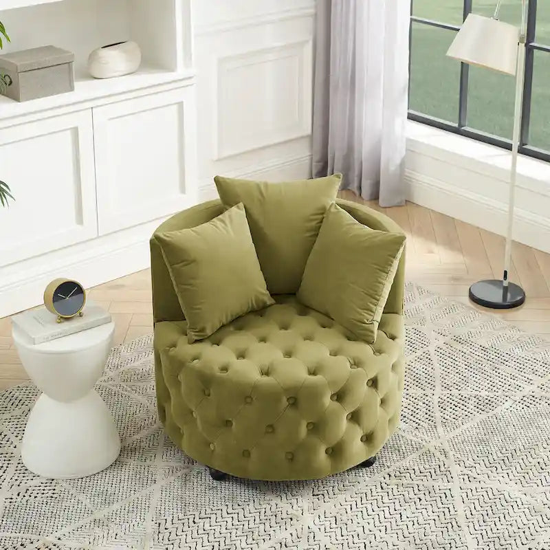 Fauteuil pivotant en velours pour salon avec boutons touffetés, 3 coussins et roulettes mobiles