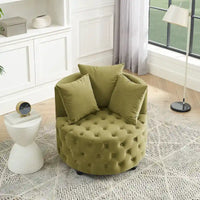 Fauteuil pivotant en velours pour salon avec capitonnage, 3 coussins et roulettes mobiles