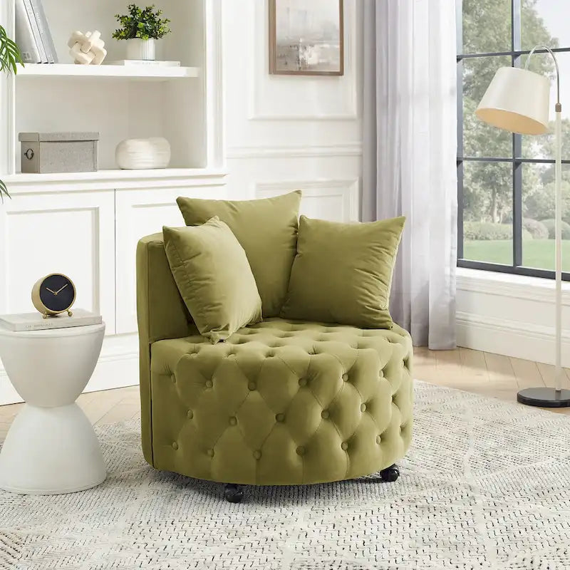 Fauteuil pivotant en velours pour salon avec capitonnage, 3 coussins et roulettes mobiles