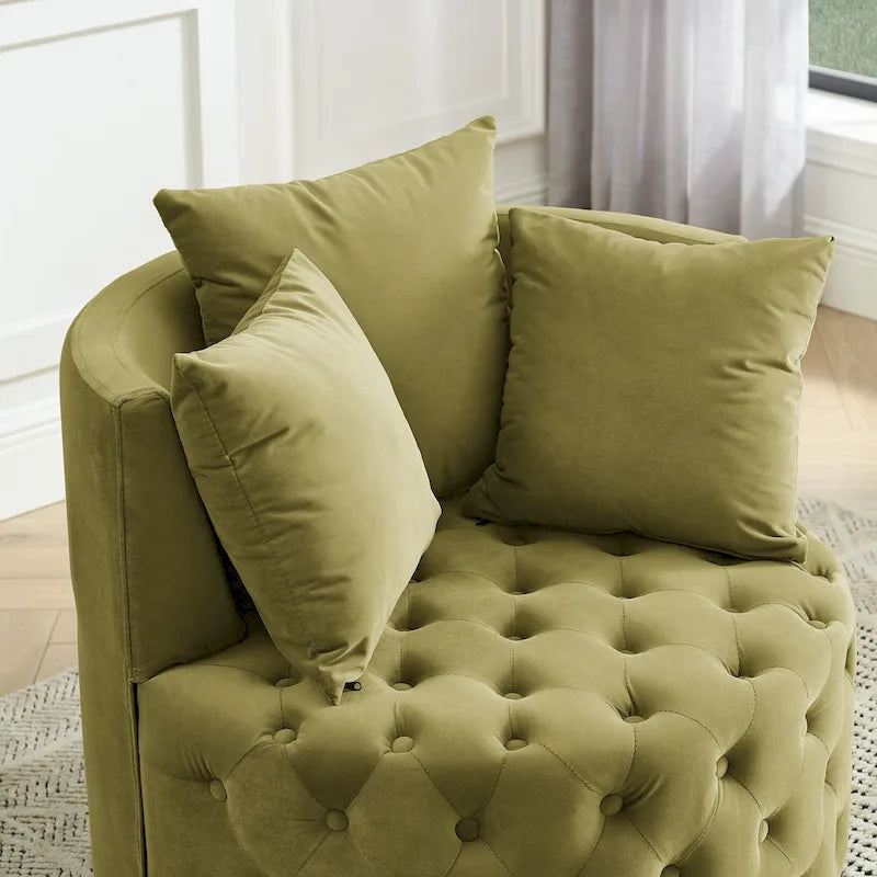 Fauteuil pivotant en velours pour salon avec capitonnage, 3 coussins et roulettes mobiles