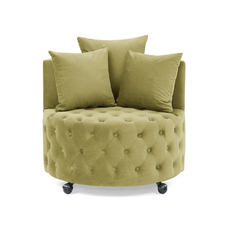 Fauteuil pivotant en velours pour salon avec capitonnage, 3 coussins et roulettes mobiles