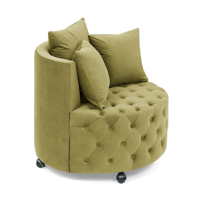 Fauteuil pivotant en velours pour salon avec capitonnage, 3 coussins et roulettes mobiles