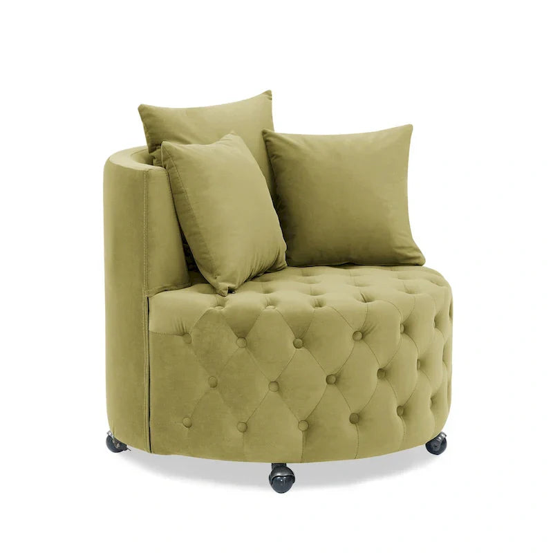 Fauteuil pivotant en velours pour salon avec capitonnage, 3 coussins et roulettes mobiles