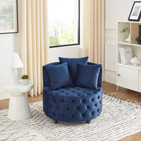 Fauteuil pivotant en velours pour salon avec capitonnage, 3 coussins et roulettes mobiles