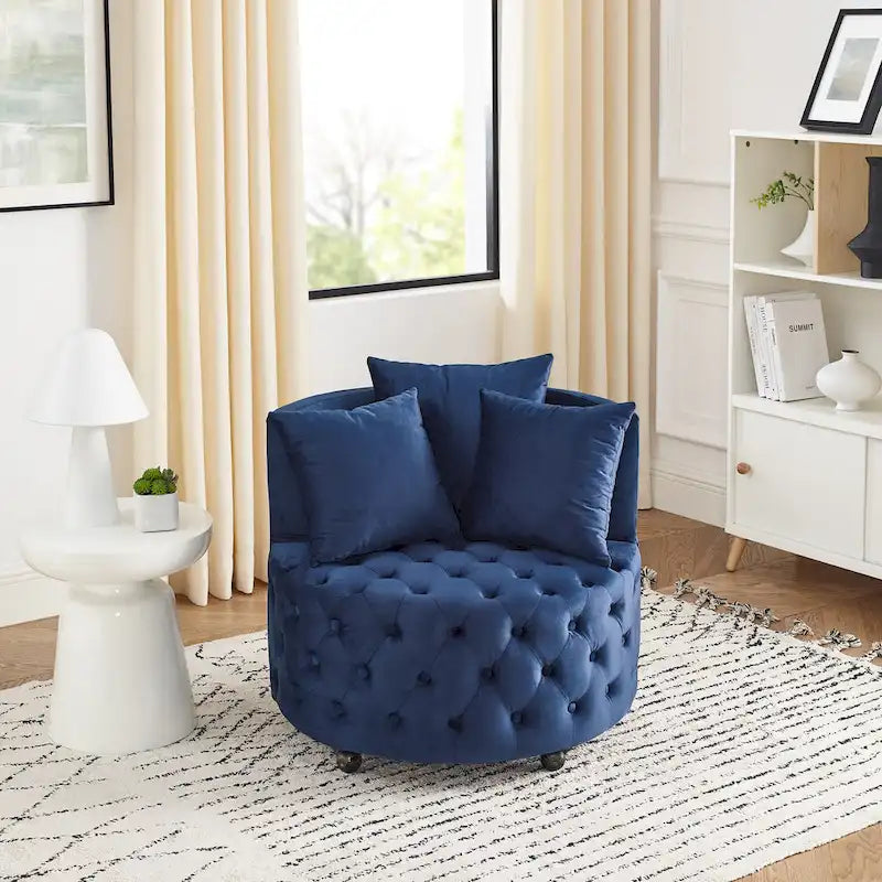 Fauteuil pivotant en velours pour salon avec capitonnage, 3 coussins et roulettes mobiles