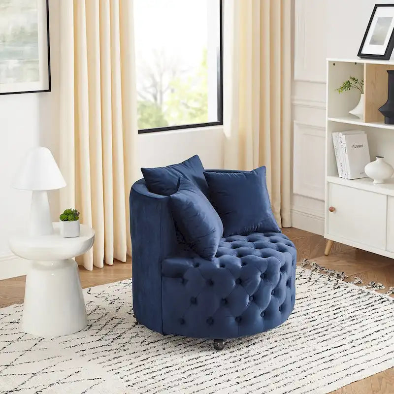 Fauteuil pivotant en velours pour salon avec capitonnage, 3 coussins et roulettes mobiles