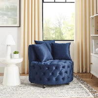 Fauteuil pivotant en velours pour salon avec capitonnage, 3 coussins et roulettes mobiles