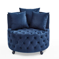 Fauteuil pivotant en velours pour salon avec capitonnage, 3 coussins et roulettes mobiles
