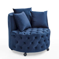 Fauteuil pivotant en velours pour salon avec capitonnage, 3 coussins et roulettes mobiles