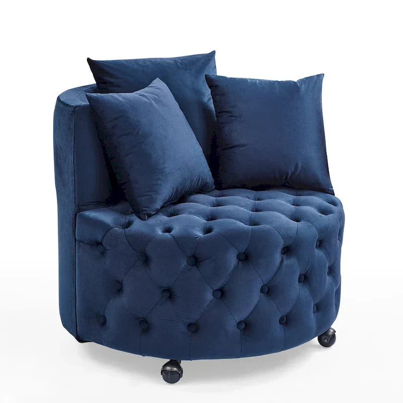 Fauteuil pivotant en velours pour salon avec capitonnage, 3 coussins et roulettes mobiles