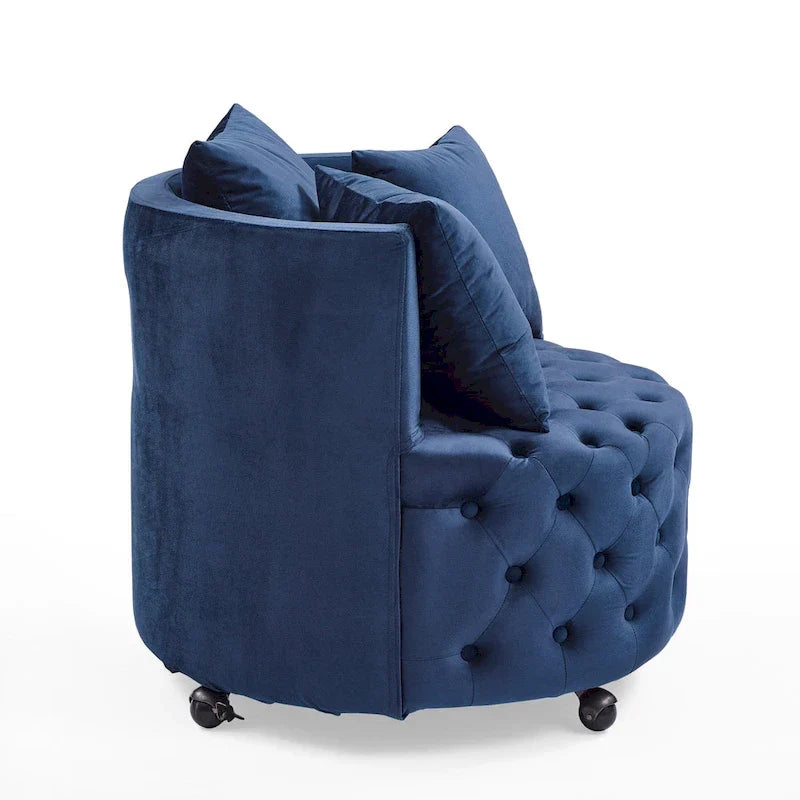 Fauteuil pivotant en velours pour salon avec boutons touffetés, 3 coussins et roulettes mobiles