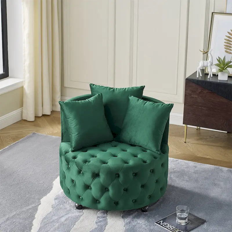 Fauteuil pivotant en velours pour salon avec capitonnage, 3 coussins et roulettes mobiles